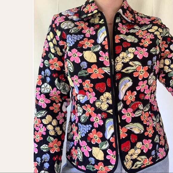 Y2K Funky Flower Fruit Printed Quilted Zip Up Boxy Grunge Picnic Festival Jacket - Picture 3 of 12